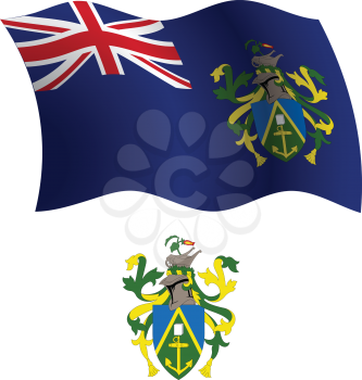 pitcairn islands wavy flag and coat of arm against white background, vector art illustration, image contains transparency