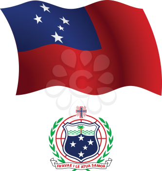 samoa wavy flag and coat of arm against white background, vector art illustration, image contains transparency