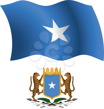 somalia wavy flag and coat of arm against white background, vector art illustration, image contains transparency