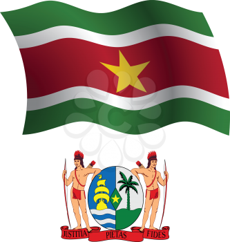 suriname wavy flag and coat of arm against white background, vector art illustration, image contains transparency