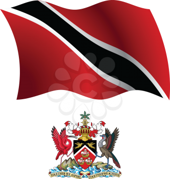 trinidad and tobago wavy flag and coat of arm against white background, vector art illustration, image contains transparency