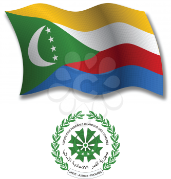 comoros shadowed textured wavy flag and coat of arms against white background, vector art illustration, image contains transparency transparency