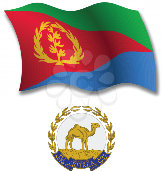 eritrea shadowed textured wavy flag and coat of arms against white background, vector art illustration, image contains transparency transparency