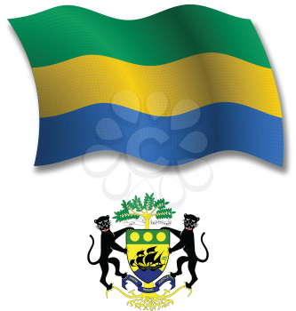 gabonese republic shadowed textured wavy flag and coat of arms against white background, vector art illustration, image contains transparency transparency