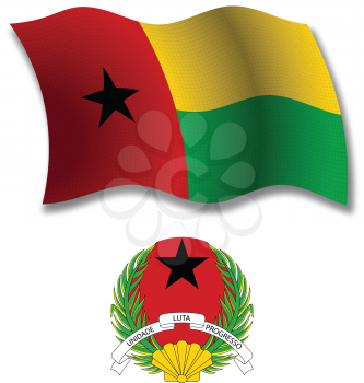 guinea bissau shadowed textured wavy flag and coat of arms against white background, vector art illustration, image contains transparency transparency