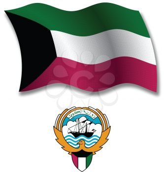 kuwait shadowed textured wavy flag and coat of arms against white background, vector art illustration, image contains transparency transparency