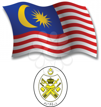 malaysia shadowed textured wavy flag and coat of arms against white background, vector art illustration, image contains transparency transparency