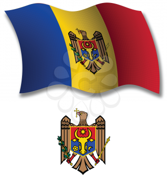 moldova shadowed textured wavy flag and coat of arms against white background, vector art illustration, image contains transparency transparency