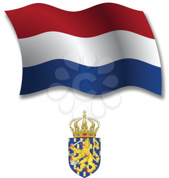 netherlands shadowed textured wavy flag and coat of arms against white background, vector art illustration, image contains transparency transparency