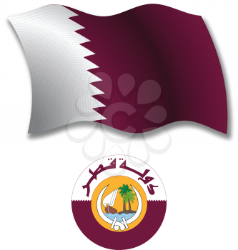 qatar shadowed textured wavy flag and coat of arms against white background, vector art illustration, image contains transparency transparency