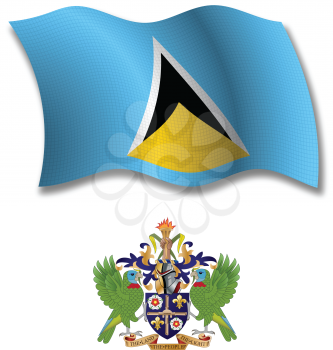 saint lucia shadowed textured wavy flag and coat of arms against white background, vector art illustration, image contains transparency transparency