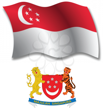 singapore shadowed textured wavy flag and coat of arms against white background, vector art illustration, image contains transparency transparency