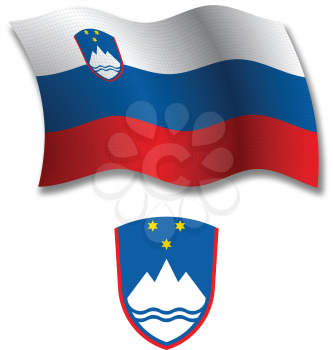 slovenia shadowed textured wavy flag and coat of arms against white background, vector art illustration, image contains transparency transparency