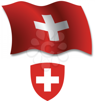 switzerland shadowed textured wavy flag and coat of arms against white background, vector art illustration, image contains transparency transparency