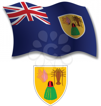 turks and caicos islands shadowed textured wavy flag and coat of arms against white background, vector art illustration, image contains transparency transparency