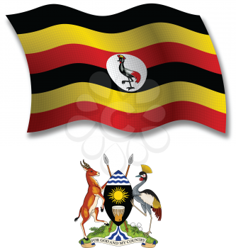 uganda shadowed textured wavy flag and coat of arms against white background, vector art illustration, image contains transparency transparency