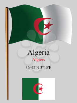 algeria wavy flag and coordinates against gray background, vector art illustration, image contains transparency