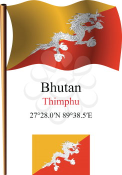 bhutan wavy flag and coordinates against white background, vector art illustration, image contains transparency