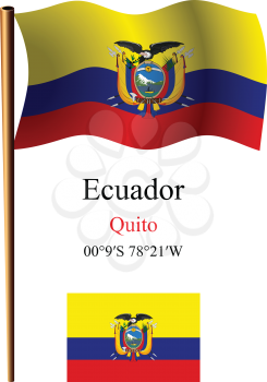 ecuador wavy flag and coordinates against white background, vector art illustration, image contains transparency