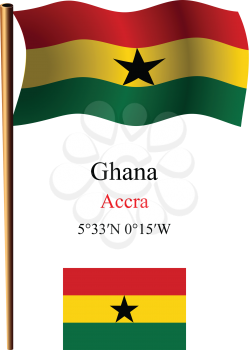 ghana wavy flag and coordinates against white background, vector art illustration, image contains transparency