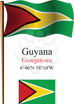 guyana wavy flag and coordinates against white background, vector art illustration, image contains transparency