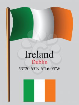 ireland wavy flag and coordinates against gray background, vector art illustration, image contains transparency