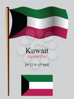 kuwait wavy flag and coordinates against gray background, vector art illustration, image contains transparency