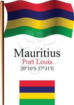 mauritius wavy flag and coordinates against white background, vector art illustration, image contains transparency
