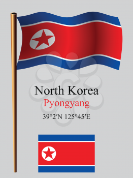 north korea wavy flag and coordinates against gray background, vector art illustration, image contains transparency