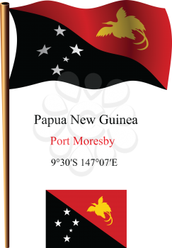 papua new guinea wavy flag and coordinates against white background, vector art illustration, image contains transparency