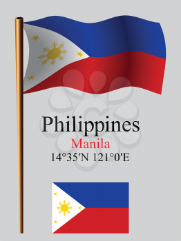 phillippines wavy flag and coordinates against gray background, vector art illustration, image contains transparency