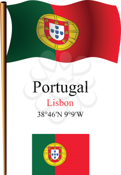 portugal wavy flag and coordinates against white background, vector art illustration, image contains transparency