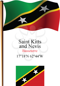 saint kitts and nevis wavy flag and coordinates against white background, vector art illustration, image contains transparency