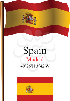 spain wavy flag and coordinates against white background, vector art illustration, image contains transparency