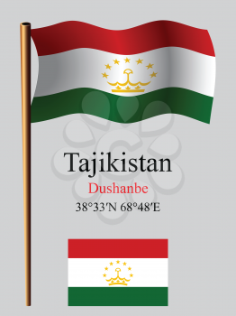 tajikistan wavy flag and coordinates against gray background, vector art illustration, image contains transparency