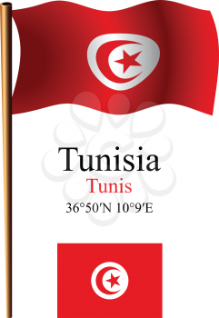 tunisia wavy flag and coordinates against white background, vector art illustration, image contains transparency
