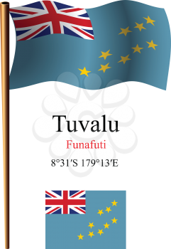 tuvalu wavy flag and coordinates against white background, vector art illustration, image contains transparency