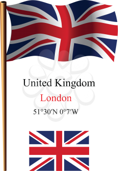 united kingdom wavy flag and coordinates against white background, vector art illustration, image contains transparency