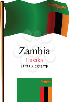 zambia wavy flag and coordinates against white background, vector art illustration, image contains transparency
