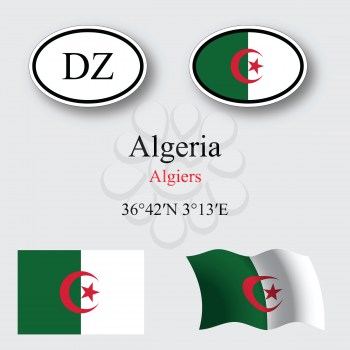 algeria flags and icons set over gray background, abstract vector art illustration, image contains transparency