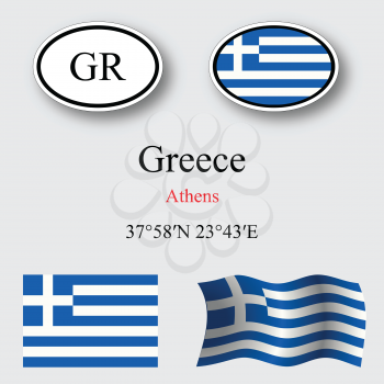 greece icons set against gray background, abstract vector art illustration, image contains transparency