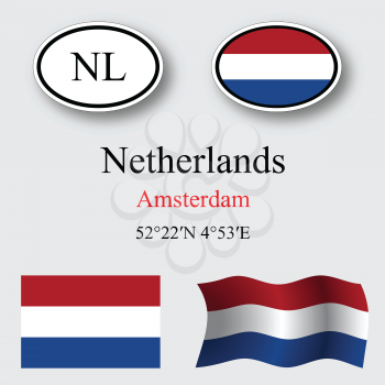 netherlands icons set against gray background, abstract vector art illustration, image contains transparency