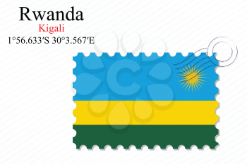 rwanda stamp design over stripy background, abstract vector art illustration, image contains transparency
