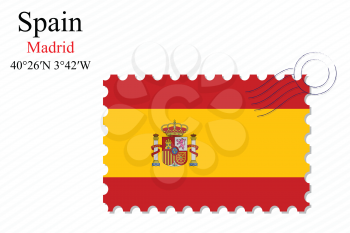 spain stamp design over stripy background, abstract vector art illustration, image contains transparency