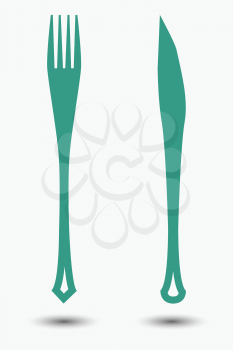 green knife fork icon with shadows against white background; abstract vector art illustration, image contains transparency