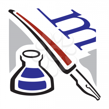 Royalty Free Clipart Image of a Fountain Pen and Inkwell Beside the Letter M