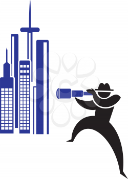 Royalty Free Clipart Image of a Man Looking at Buildings Through a Telescope