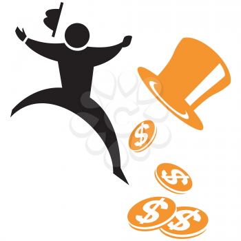 Royalty Free Clipart Image of a Man, a Hat and Coins With Dollar Signs