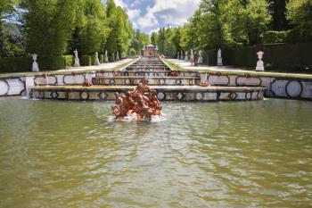 The magnificent cascade of fountains and sculptures of 18 centuries in ancient park in Segovia