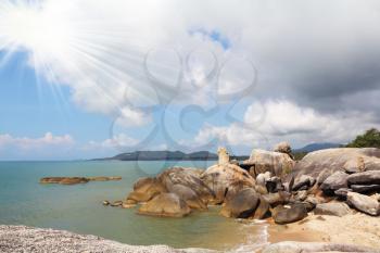 Picturesque cliffs adorn Lamai beach on Koh Samui